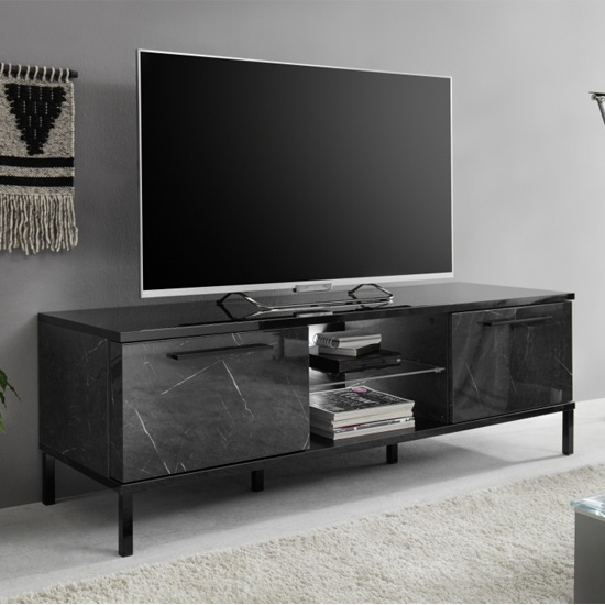 Product photograph of Manvos Wooden Tv Stand In Black High Gloss Marble Effect from Furniture in Fashion