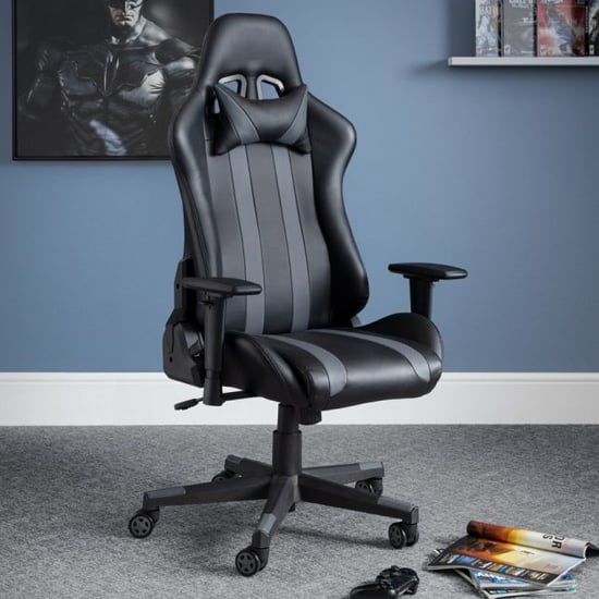 Product photograph of Macreae Faux Leather Gaming Chair In Black And Grey from Furniture in Fashion