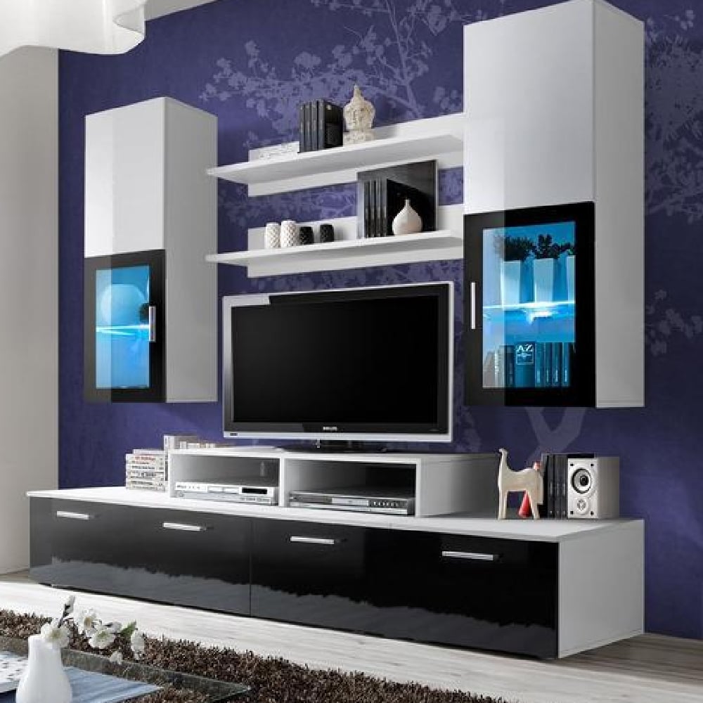 maricopa high gloss entertainment unit in black and white with led