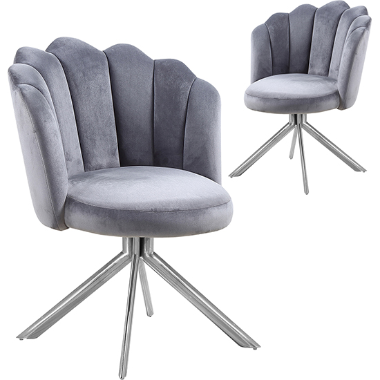 Mario Grey Velvet Dining Chairs In Pair With Silver Legs | FiF