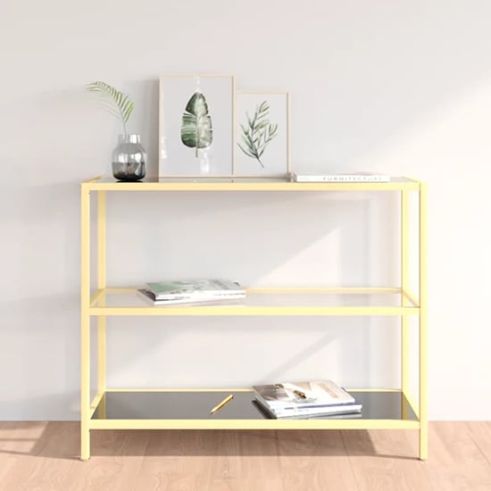 Product photograph of Marrim Black Glass Console Table With Gold Metal Frame from Furniture in Fashion