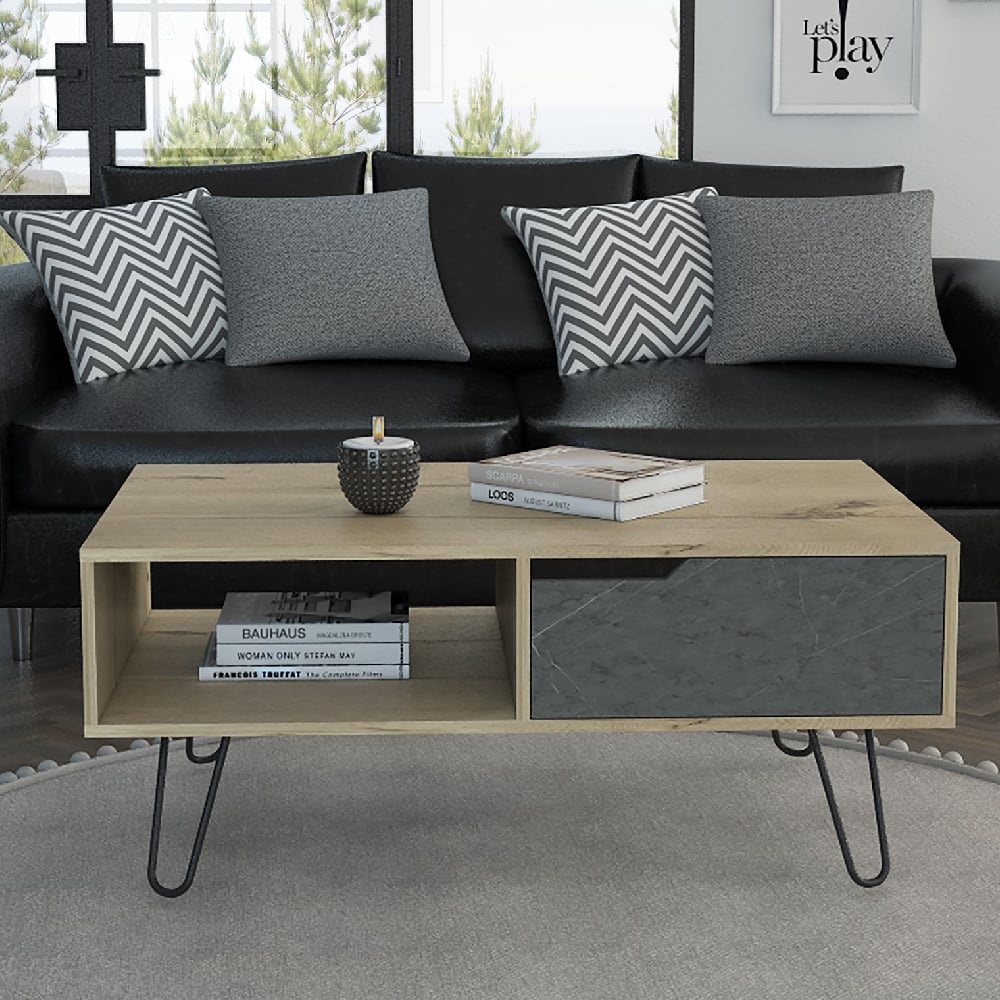 marsett wooden coffee table with 1 drawer in oak and grey