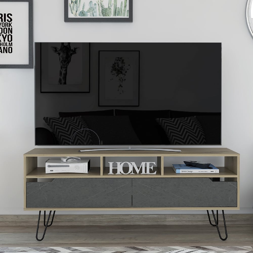 marsett wooden tv stand with 2 drawers in oak and grey