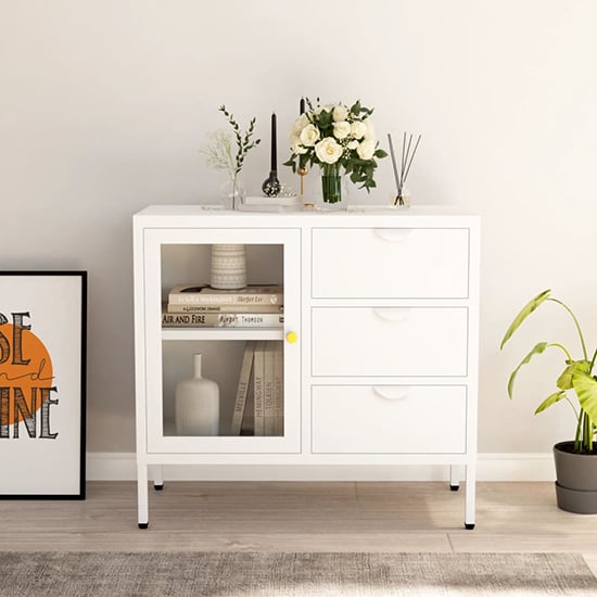 Read more about Masika steel display cabinet with 1 door 3 drawers in white