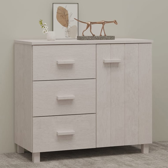 Photo of Matia pinewood sideboard with 1 door 3 drawers in white
