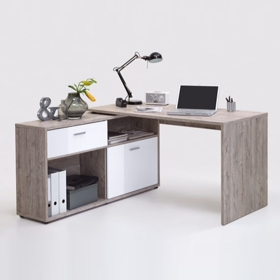 Mattia Corner Computer Desk In Sand Oak And White High