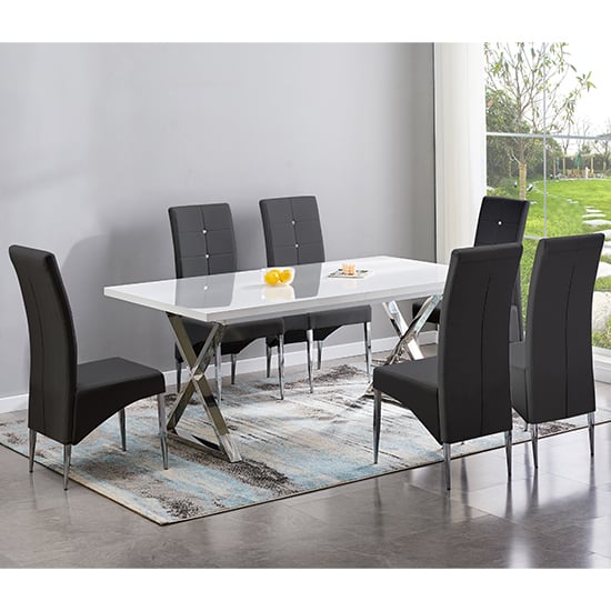 Read more about Mayline extending white dining table with 6 vesta black chairs