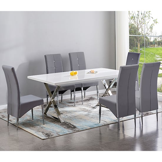 Read more about Mayline extending white dining table with 6 vesta grey chairs