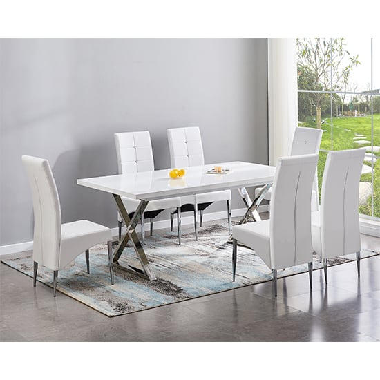 Photo of Mayline extending white dining table with 6 vesta white chairs