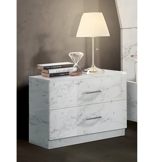 Read more about Mayon wooden bedside cabinet in white marble effect