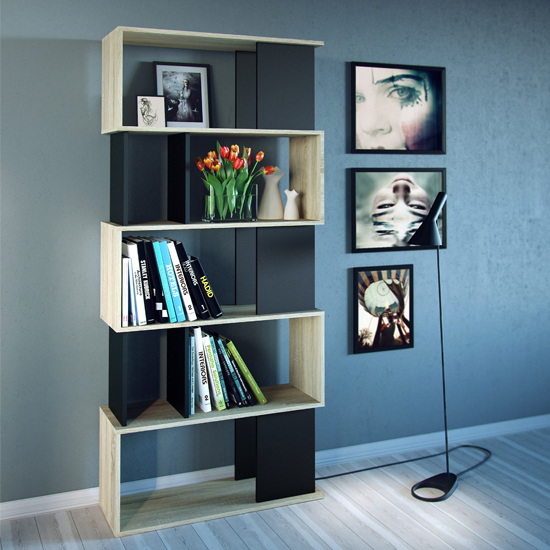 Photo of Mazika wooden 4 shelves open bookcase in oak and black