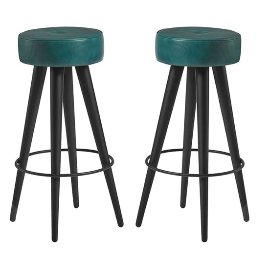 Product photograph of Medina Round Vintage Teal Faux Leather Bar Stools In Pair from Furniture in Fashion