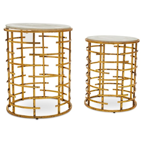 Photo of Mekbuda round white marble top nest of 2 tables with gold frame