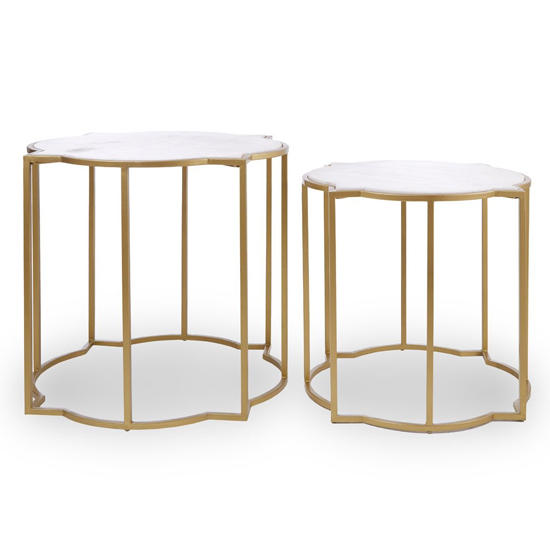 Photo of Mekbuda white marble top set of 2 side tables with gold frame