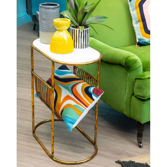 Photo of Mekbuda white marble top side table with gold magazine rack