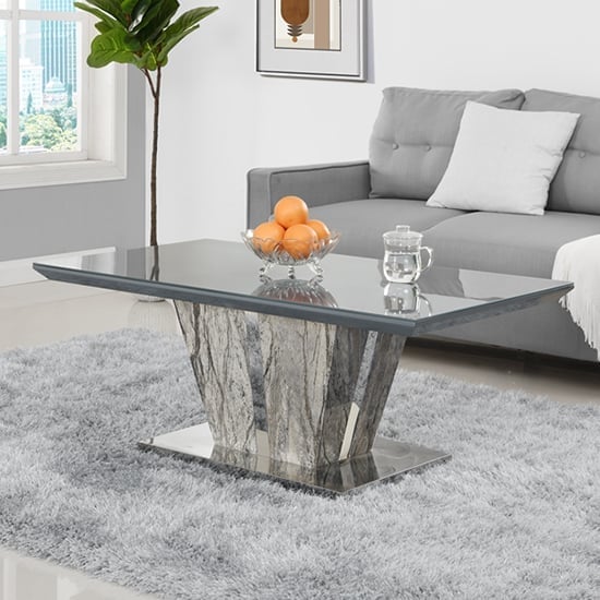 Product photograph of Melange Marble Effect Glass Top High Gloss Coffee Table In Grey from Furniture in Fashion