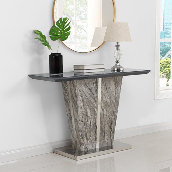 Read more about Melange marble effect glass top high gloss console table in grey