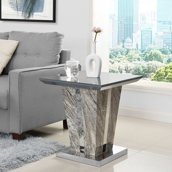 Read more about Melange marble effect glass top high gloss lamp table in grey