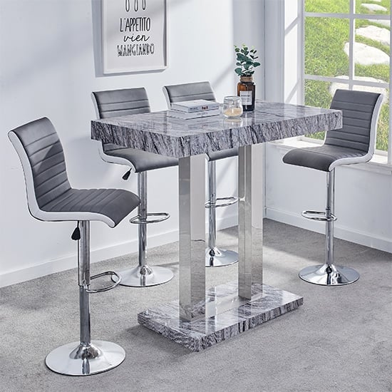 Product photograph of Melange Marble Effect Bar Table With 4 Ritz Grey White Stools from Furniture in Fashion