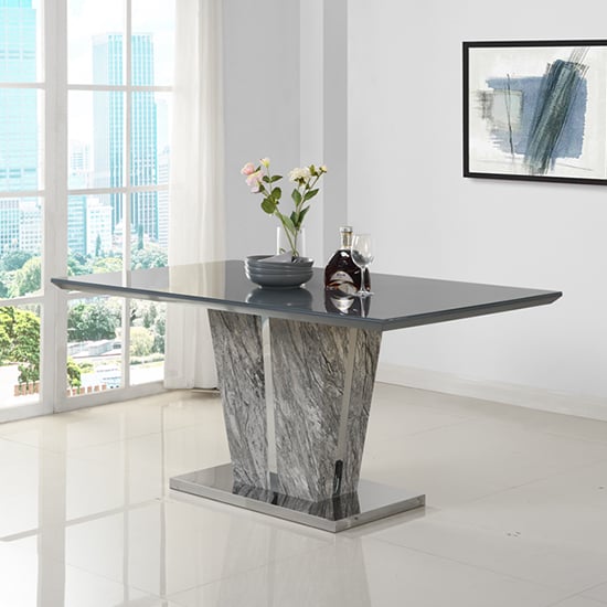 Photo of Melange marble effect large glass top gloss dining table in grey