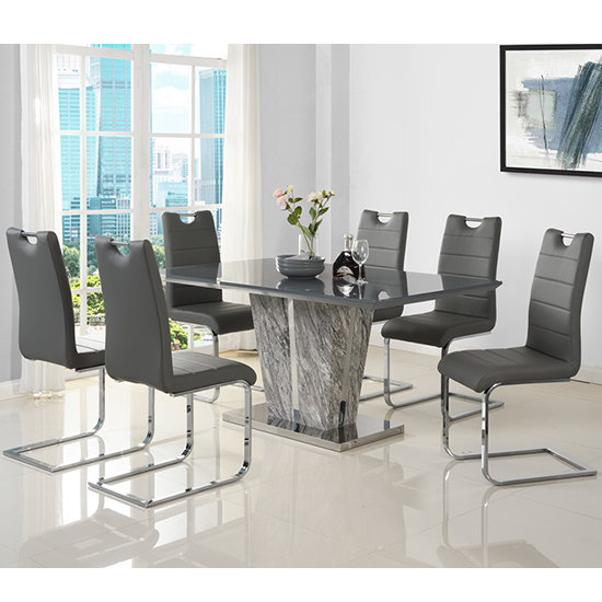 Product photograph of Melange Marble Effect Dining Table With 6 Petra Grey Chairs from Furniture in Fashion