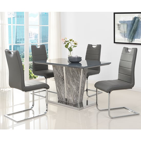 Photo of Melange marble effect dining table with 4 petra grey chairs
