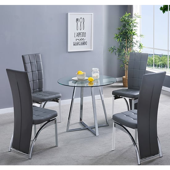 Read more about Melito round glass dining table with 4 ravenna grey chairs