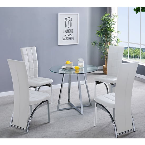 Read more about Melito round glass dining table with 4 ravenna white chairs