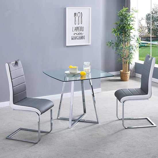 Read more about Melito square glass dining table with 2 petra grey white chairs