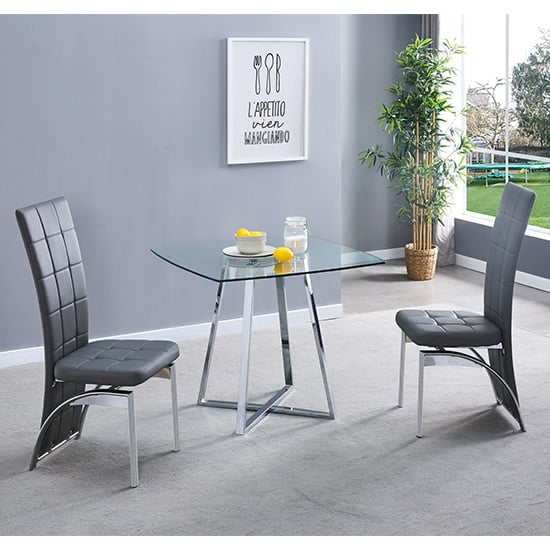 Product photograph of Melito Square Glass Dining Table With 2 Ravenna Grey Chairs from Furniture in Fashion