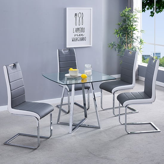 Product photograph of Melito Square Glass Dining Table With 4 Petra Grey White Chairs from Furniture in Fashion