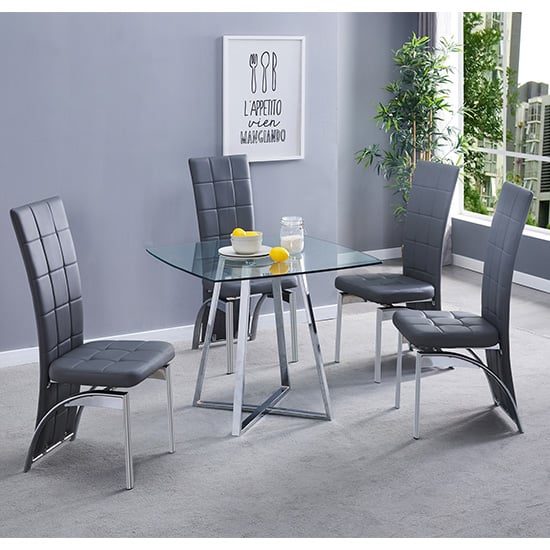Read more about Melito square glass dining table with 4 ravenna grey chairs