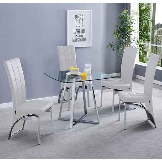 Read more about Melito square glass dining table with 4 ravenna white chairs