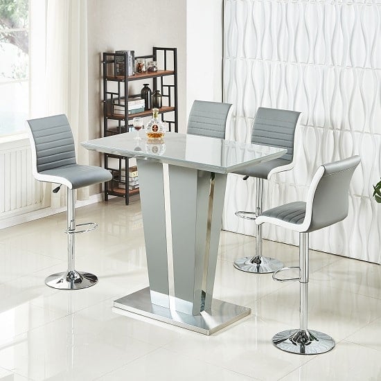 Read more about Memphis glass grey high gloss bar table 4 ritz grey white stool