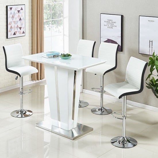 Product photograph of Memphis Glass White Gloss Bar Table 4 Ritz White Black Stools from Furniture in Fashion