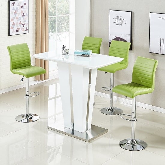 Read more about Memphis glass white high gloss bar table 4 ripple green stools