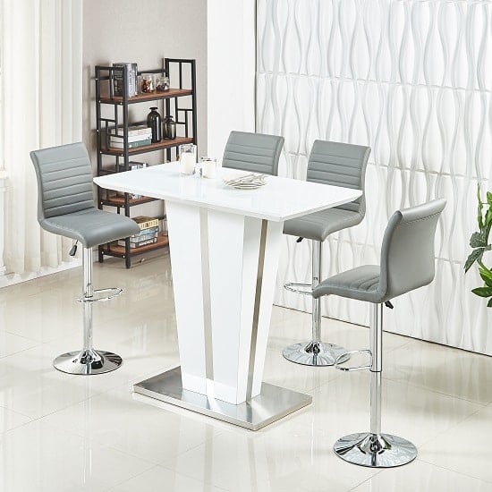 Product photograph of Memphis Glass White High Gloss Bar Table 4 Ripple Grey Stools from Furniture in Fashion
