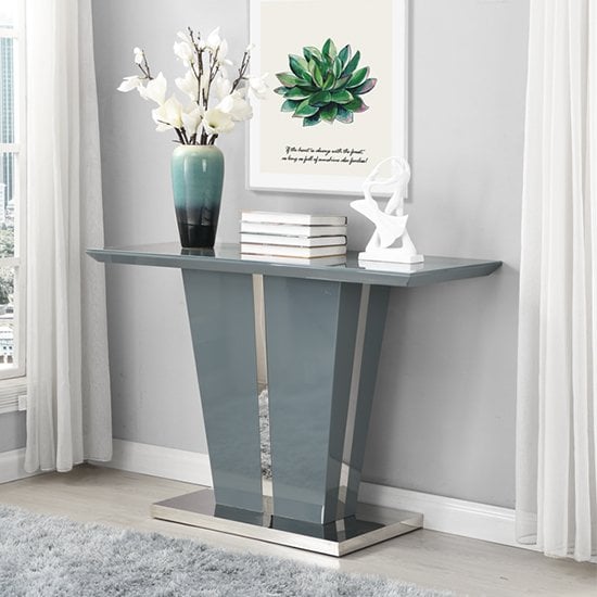 Product photograph of Memphis High Gloss Console Table In Grey With Glass Top from Furniture in Fashion