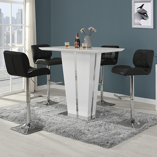 Read more about Memphis glass white high gloss bar table 4 candid black stools