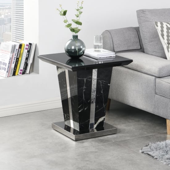 Read more about Memphis gloss lamp table in milano marble effect with glass top