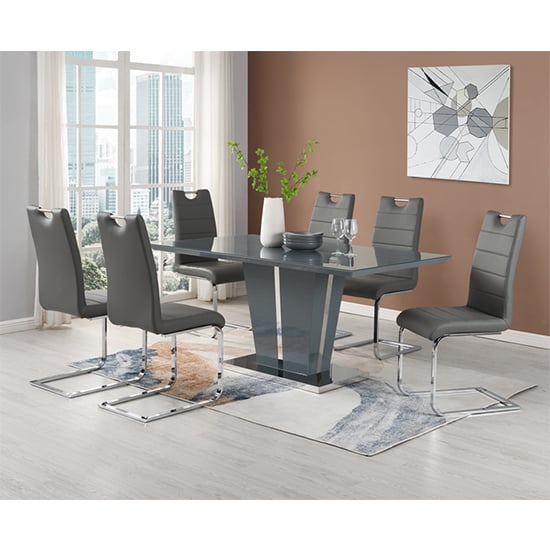 Product photograph of Memphis Large Grey Gloss Dining Table With 6 Petra Grey Chairs from Furniture in Fashion