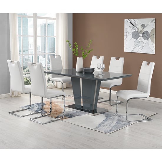 Product photograph of Memphis Large Grey Gloss Dining Table With 6 Petra White Chairs from Furniture in Fashion
