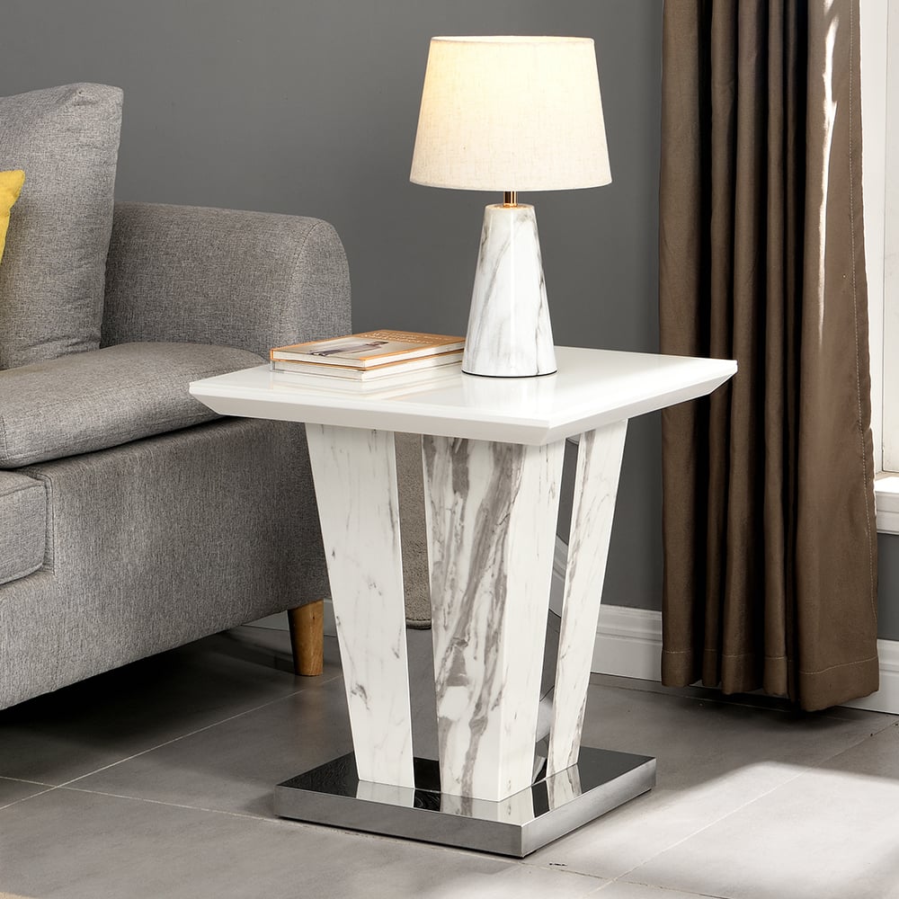 memphis high gloss lamp table in filo marble effect glass top