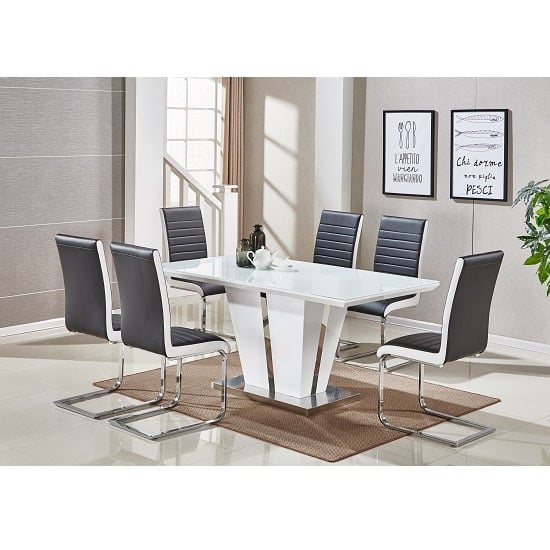 Photo of Memphis large white gloss dining table 6 symphony black chairs
