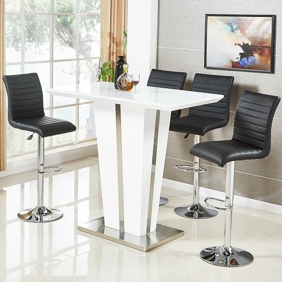 Product photograph of Memphis Glass White High Gloss Bar Table 4 Ripple Black Stools from Furniture in Fashion