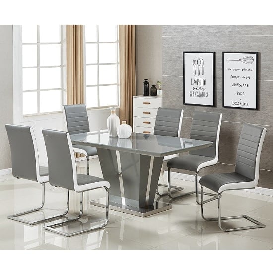 Photo of Memphis large grey gloss dining table 6 symphony grey chairs