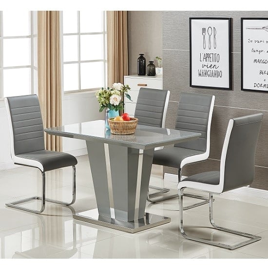 Product photograph of Memphis Small Grey Gloss Dining Table 4 Symphony Grey Chairs from Furniture in Fashion