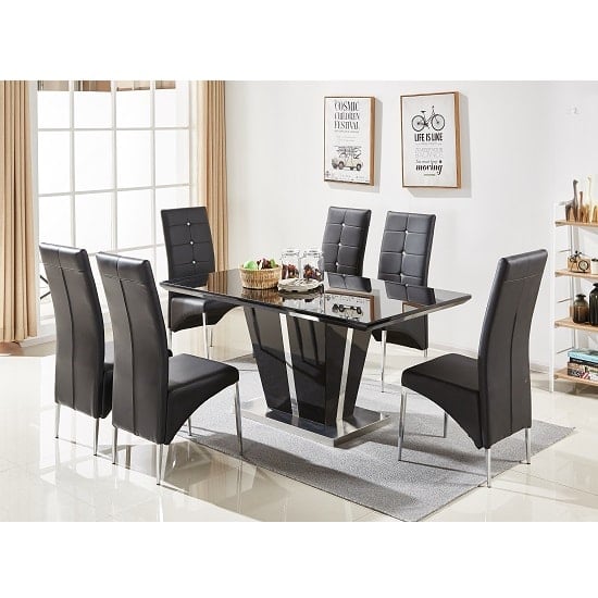 Photo of Memphis large black gloss dining table 6 vesta black chairs