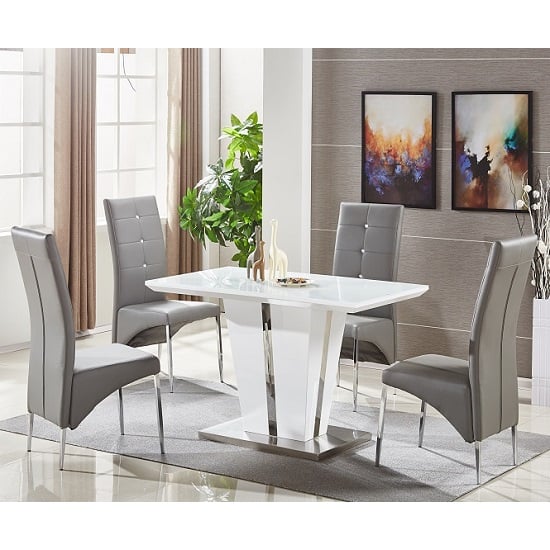 Read more about Memphis small white gloss dining table 4 vesta grey chairs