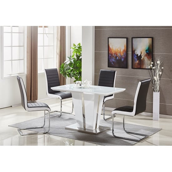 Read more about Memphis small white gloss dining table 4 symphony black chairs